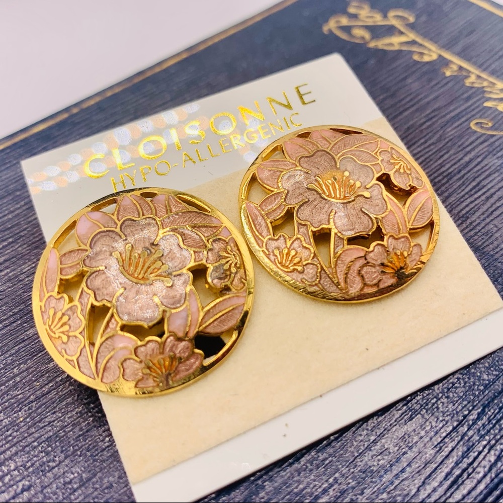 Vintage cloisonné earrings lilac purple gold floral cutouts